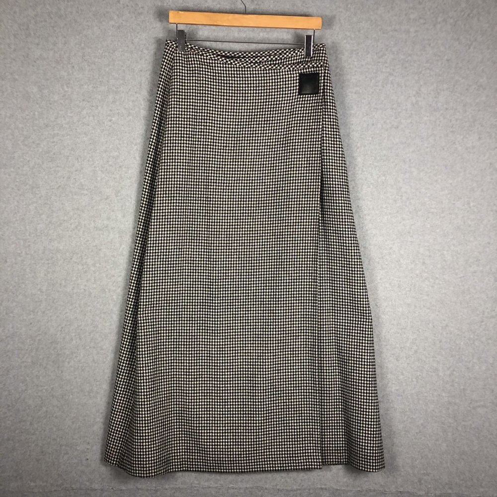 Vintage Ralph Lauren Houndstooth Wool Black White Maxi Skirt Size 8